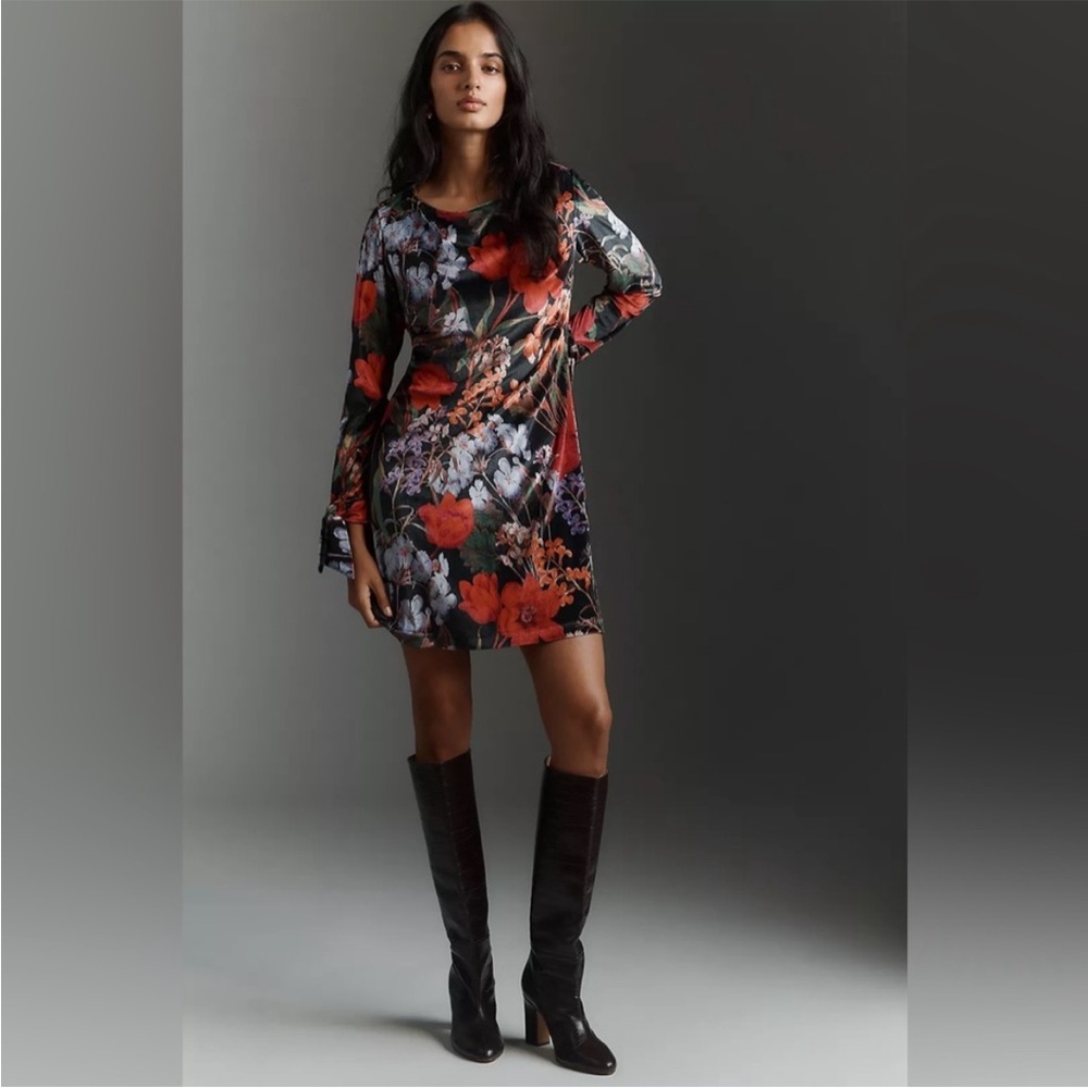 Anthropologie Hutch Shelby Long-Sleeve Velvet Shift Dress Black Multi Winter MP